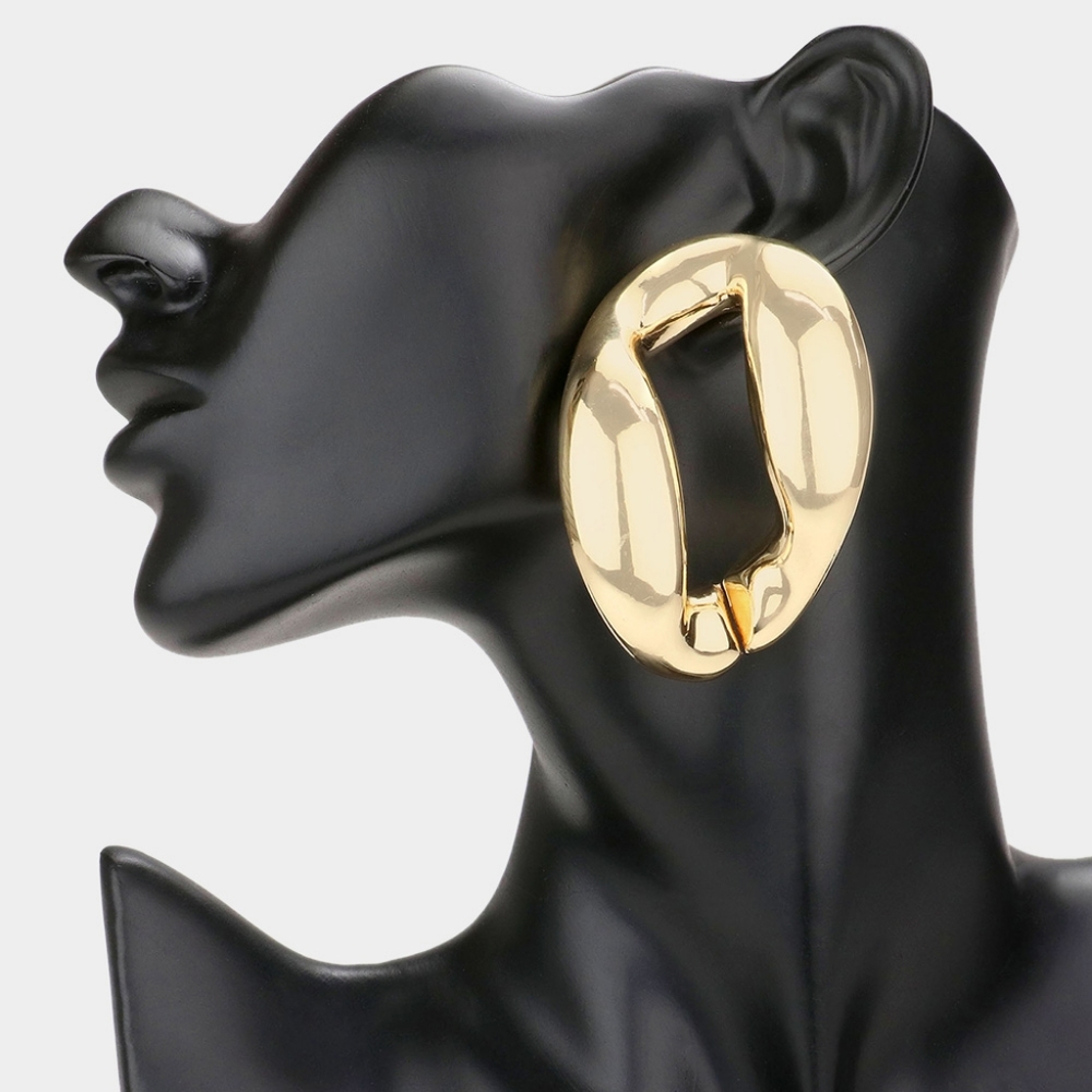 Gold Hoop Earrings 2.5" Bold Modern Abstract Metal Casual Womens Oval Round